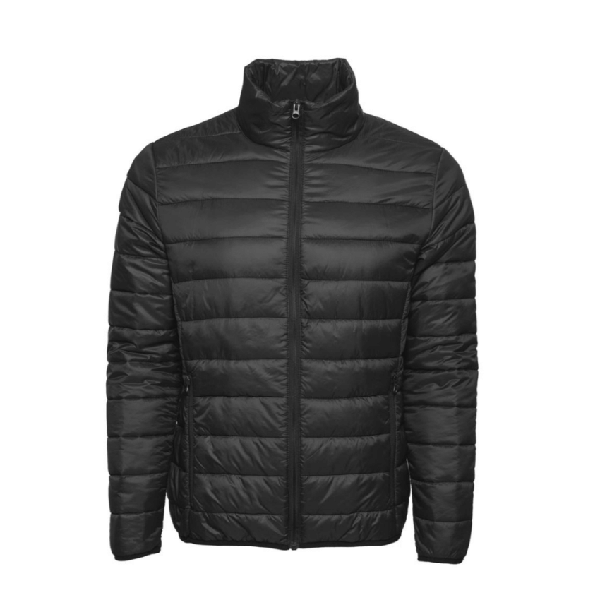 Black puffer jacket, zipped up.