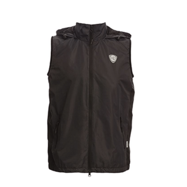 Black hooded sleeveless jacket with logo.