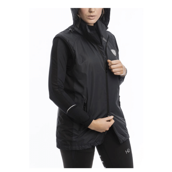 Black hooded riding vest with zip.