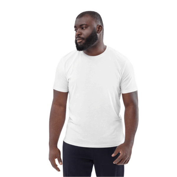 Man in white t-shirt, looking away.