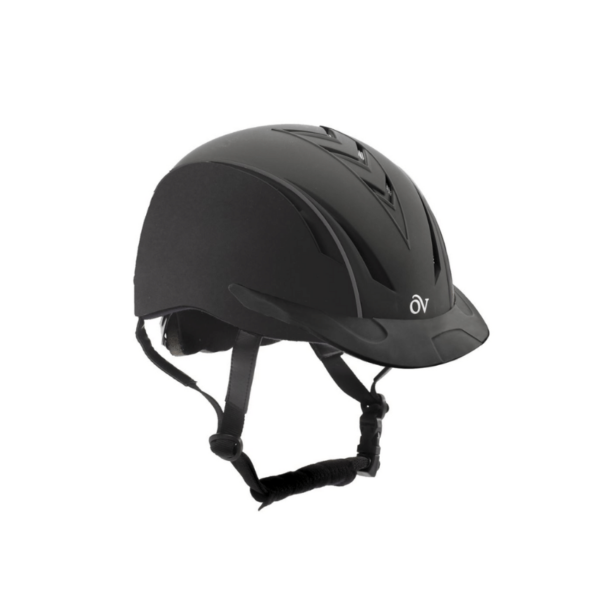 Black riding helmet with visor.