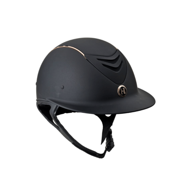 Black riding helmet with rose gold trim.